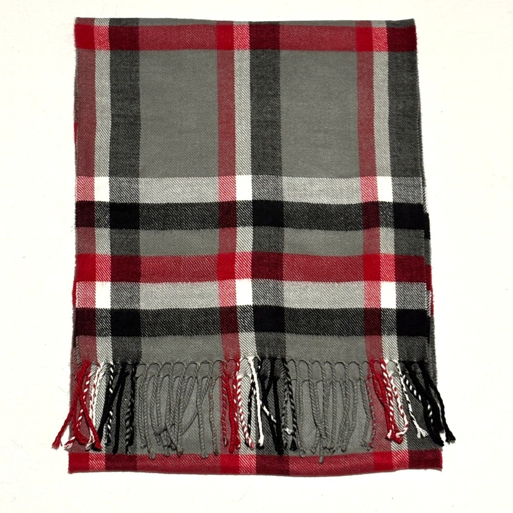 Italy Design Scarf Unisex OS Grey Red Plaid Cashmere Blend Fringe